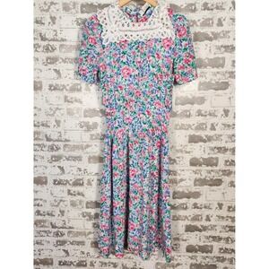 Vintage Jane‎ Singer Floral Midi Dress Cottage Core Whimsical Fairy Lace Collar